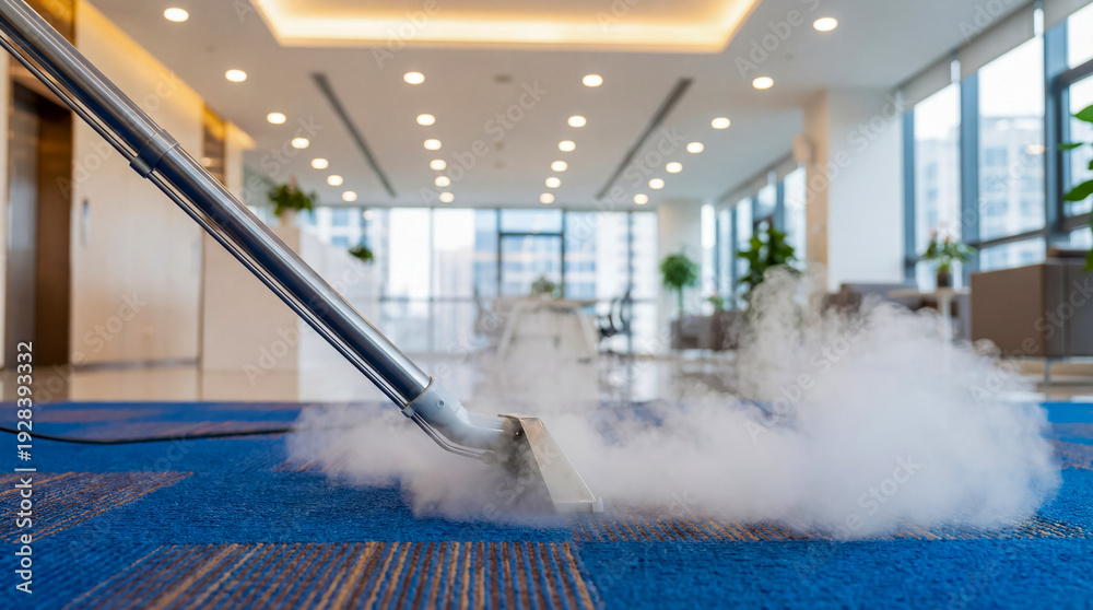 Professional carpet cleaning wand on blue commercial carpet tile in modern office lobby