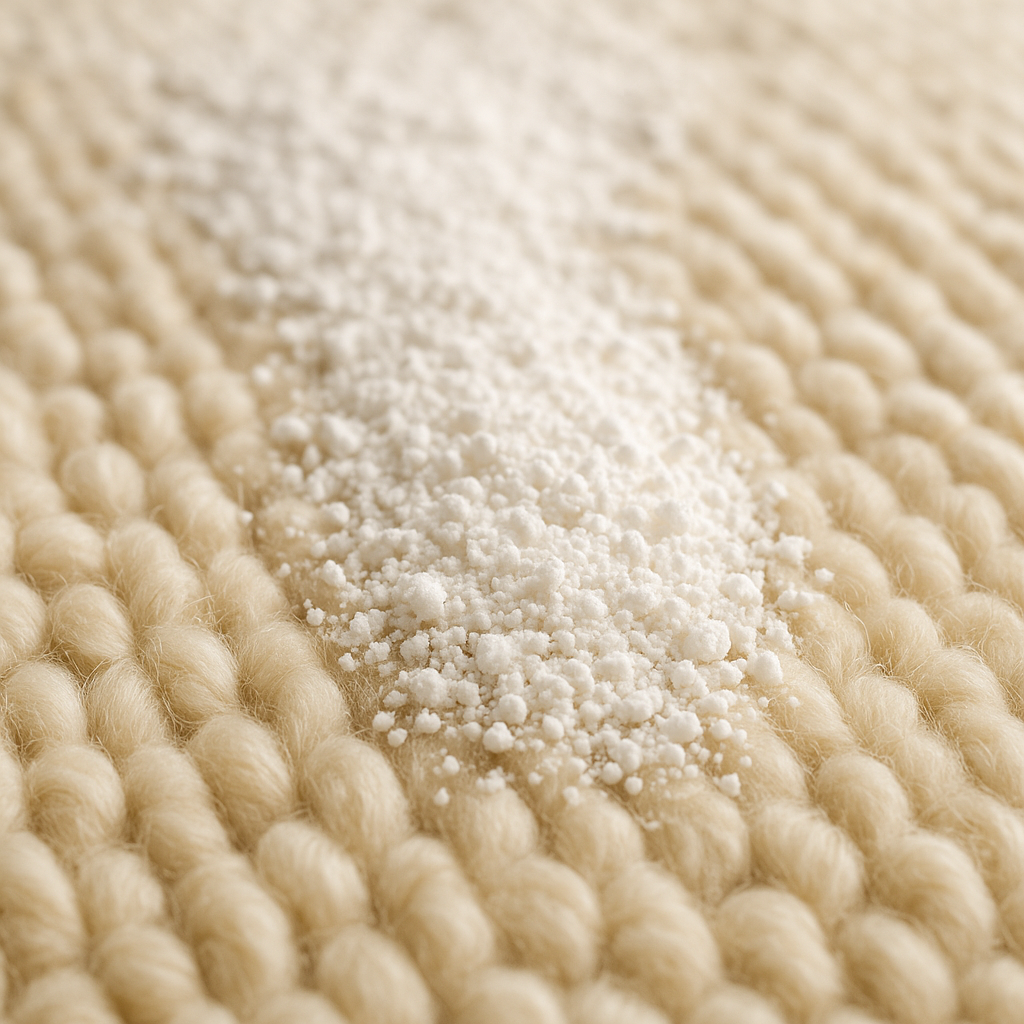 Dry compound carpet cleaning process showing compound worked into carpet fibers