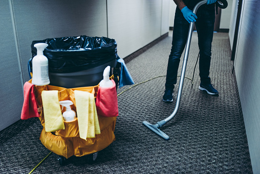 Janitorial professional cleaning office corridor carpet