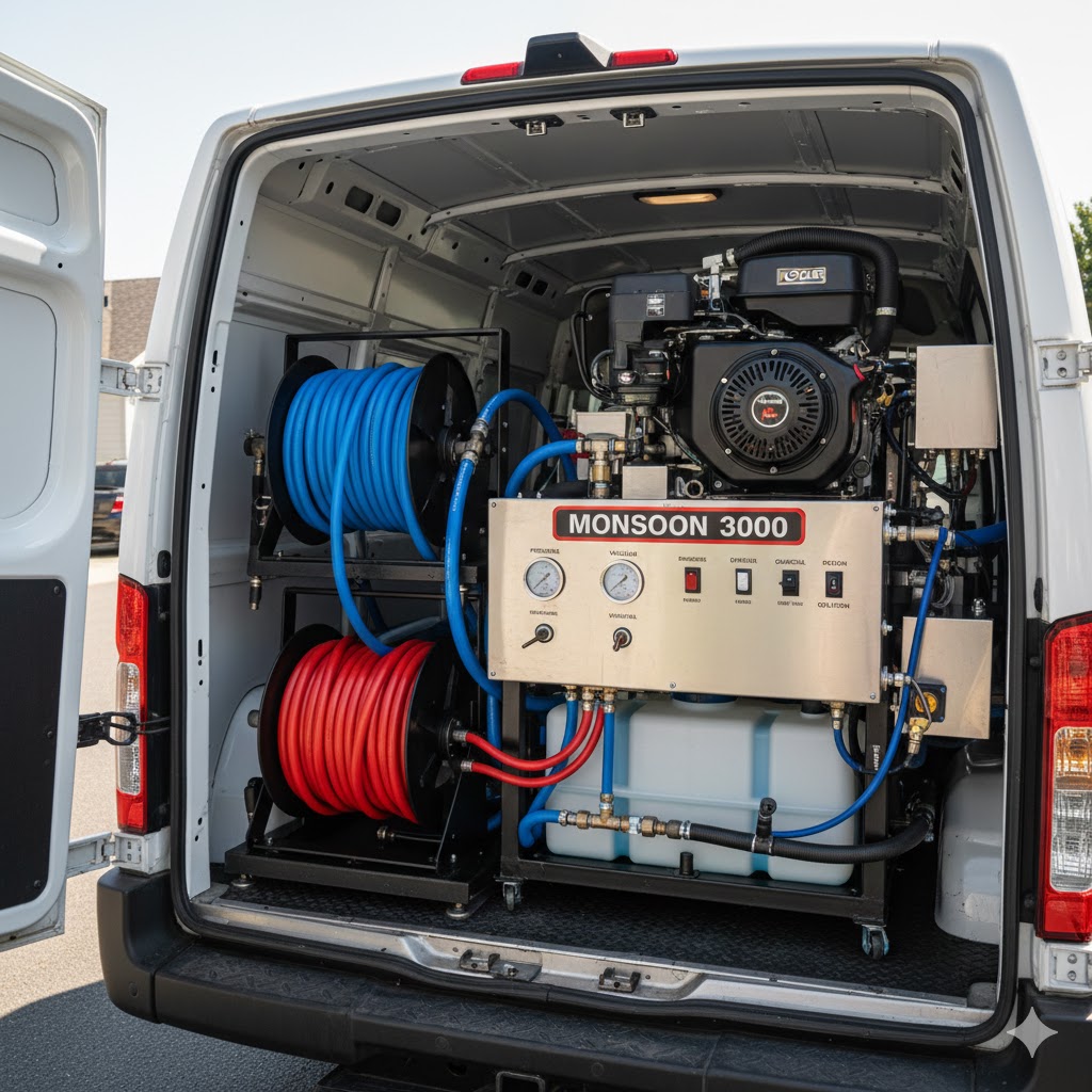 Professional truck-mounted carpet cleaning equipment in service van